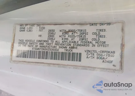 1999 Toyota Tacoma из США, поврежденный, VIN 4TAWN72N3XZ506002